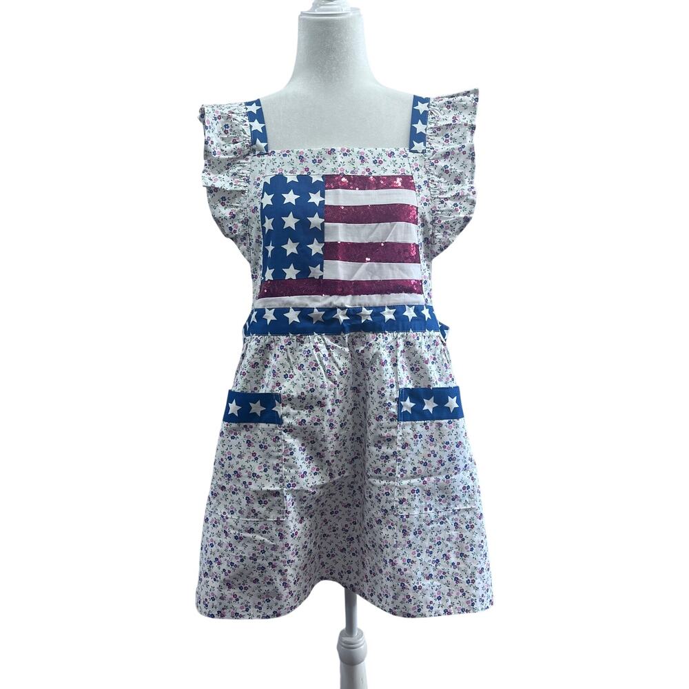 Women's‎ Cotton Flag Patriotic Whimsical Floral Handmade Apron Ruffle Straps S/M